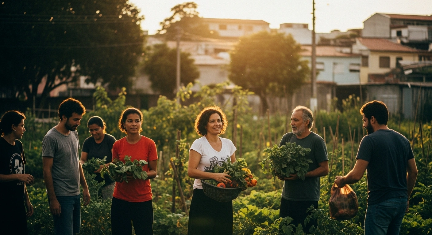 A diverse group of people gathers in a community garden in Brazil to celebrate a successful harvest as part of ongoing efforts to improve national food security.