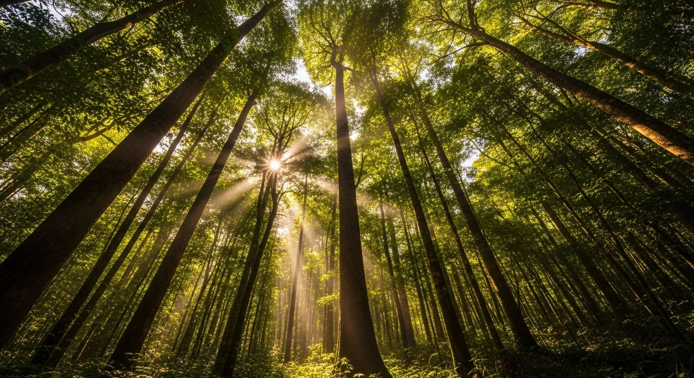 A low-angle, golden-hour photograph of a dense, ancient Brazilian tropical forest, with sunlight filtering through the canopy and a subtle, ethereal glow on the forest floor, symbolizing the immense value and global protection efforts of Brazil's Tropical Forests Forever Fund, a 2025 Earthshot Prize finalist that secured a $1 billion investment to mobilize $125 billion for forest conservation.