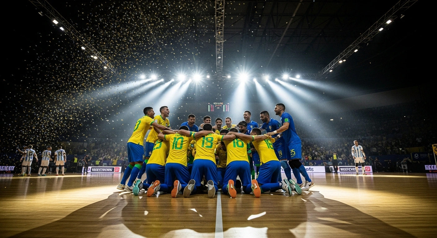 The triumphant Brazilian futsal team celebrates their 12th CONMEBOL Copa América de Futsal championship victory over rivals Argentina with a 2-1 score in Luque, Paraguay.