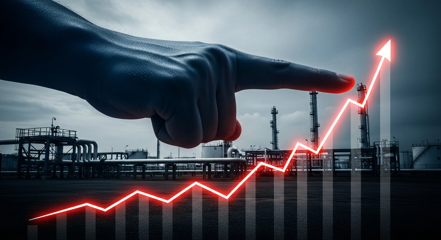 A powerful, blue hand, representing Brazil's federal government and the Ministry of Mines and Energy, firmly presses down on a glowing, red upward-trending graph line, symbolizing the push to curb gas tariff increases for state-level piped gas distributors, set against a blurred industrial backdrop of gas pipelines and storage tanks.