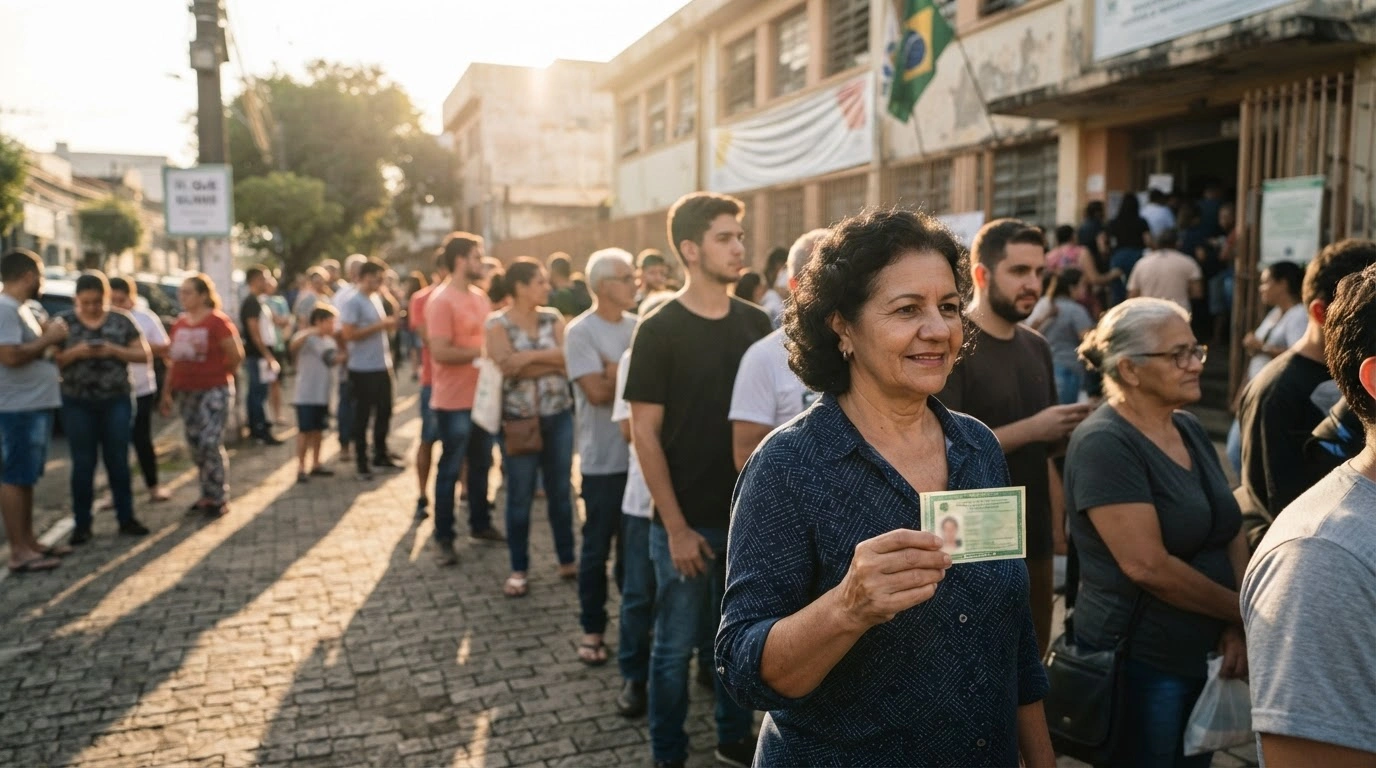 Brazilian citizens wait in line to cast their votes at a polling station during the 2026 general elections.