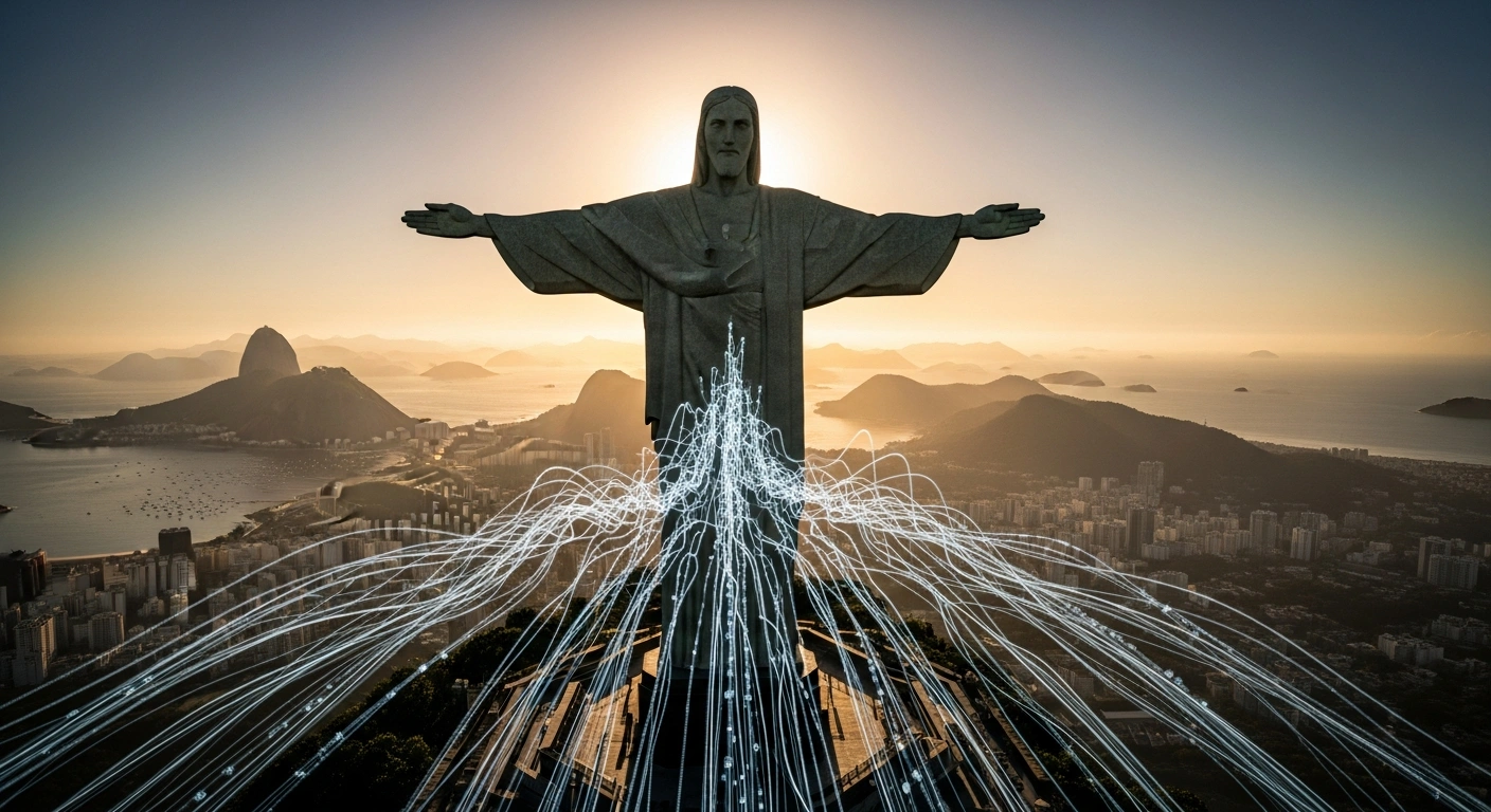 A wide shot of the Christ the Redeemer statue at sunrise over Rio de Janeiro, with abstract light trails converging and flowing upwards in the foreground, symbolizing Brazil's successful $4.5 billion global bond offering and strong investor demand for federal public debt repayment.