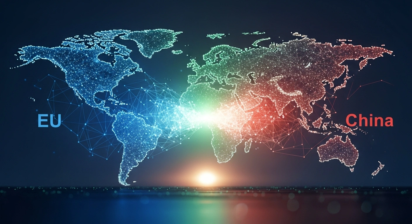 A stylized, glowing network of interconnected lines and nodes, forming a world map, symbolizes a unified global carbon market, with a central green light representing Brazil, and converging blue and red lights for the European Union and China, aiming to integrate emissions trading systems and set a common CO2 price floor.