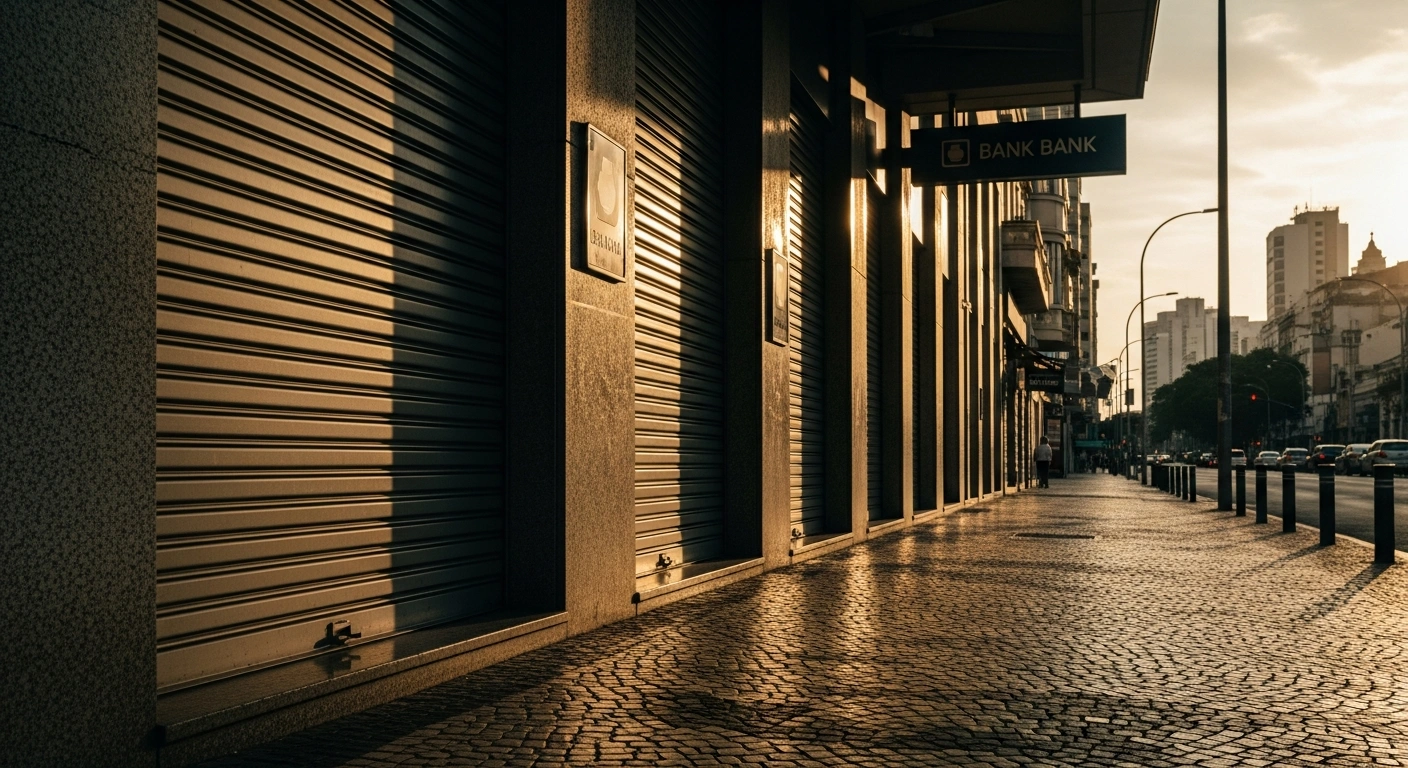 The closed entrance of a bank in Brazil during the Good Friday national holiday with empty streets and quiet surroundings.