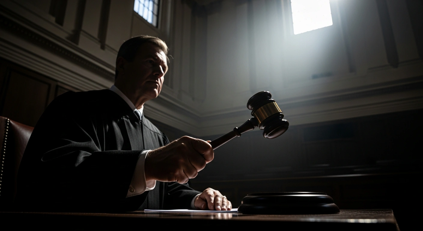 A judge in a grand, somber courtroom is depicted holding a heavy wooden gavel, poised just above the striking block, symbolizing the Superior Electoral Court's proceedings to judge Rio de Janeiro Governor Cláudio Castro on accusations of abuse of political and economic power and irregular campaign financing.
