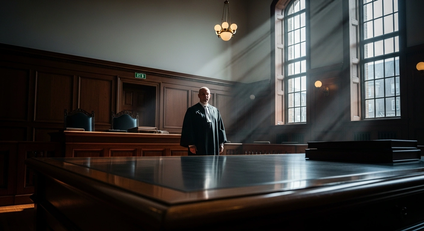 A dramatic courtroom setting represents the legal complaint filed by the Brazilian Prosecutor General's Office against Governor Romeu Zema regarding comments made about Supreme Court Justice Gilmar Mendes.