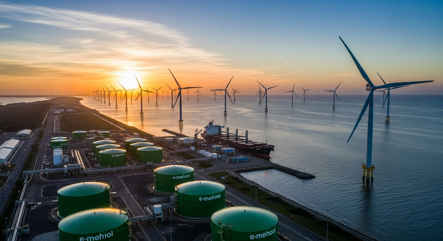 A panoramic view of a Brazilian port at dawn, featuring offshore wind turbines, gleaming e-methanol and green ammonia storage tanks, and a large cargo ship, symbolizing Brazil's emergence as a major green e-fuel exporter leveraging renewable energy resources for the Açu-Antwerp maritime corridor.