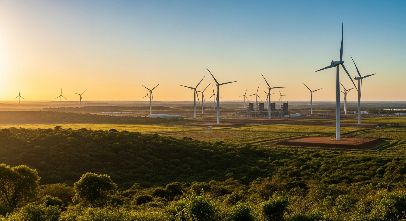 Modern wind turbines rise above a green landscape in Northeast Brazil as part of a World Bank-funded sustainable energy project.