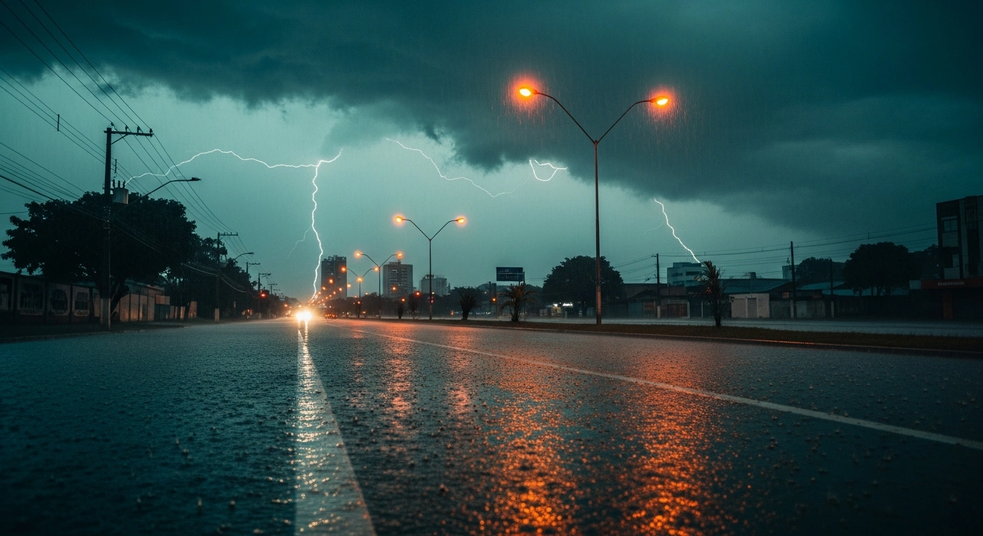 A flooded city street in Brazil during a severe rainstorm under a dark, stormy sky as part of an orange alert for heavy weather.