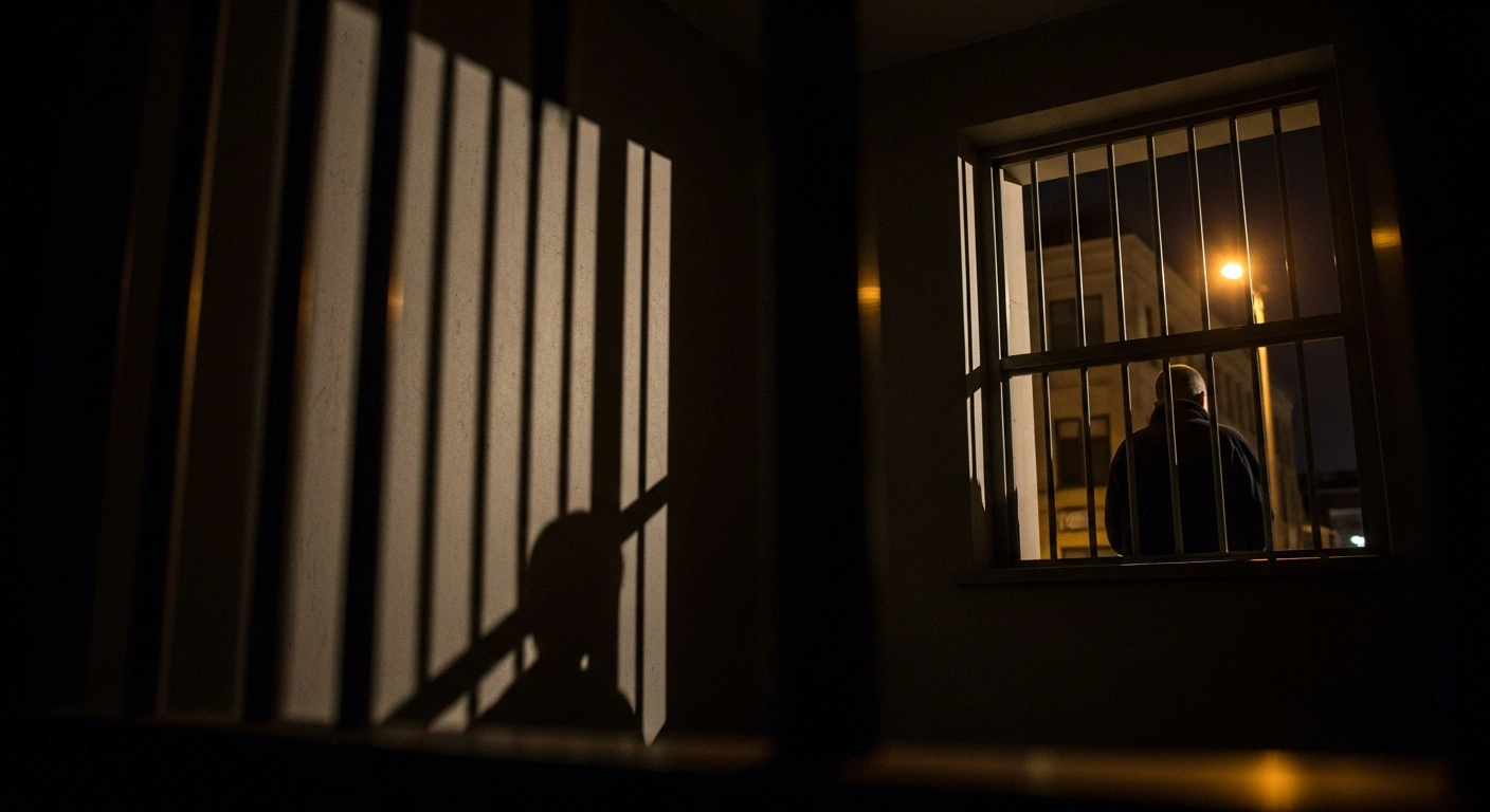 A silhouetted figure stands behind a window at night, symbolizing the house arrest of individuals convicted in a plot to keep former President Jair Bolsonaro in power, following concerns over flight risk after the extradition of former director Silvinei Vasques.