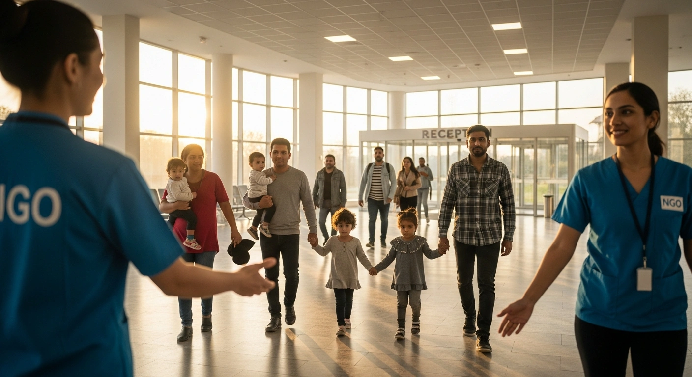 A diverse group of humanitarian immigrants, including families and children, are warmly welcomed by an NGO worker in a modern, sunlit reception area, symbolizing Brazil's new structured and dignified immigration process.