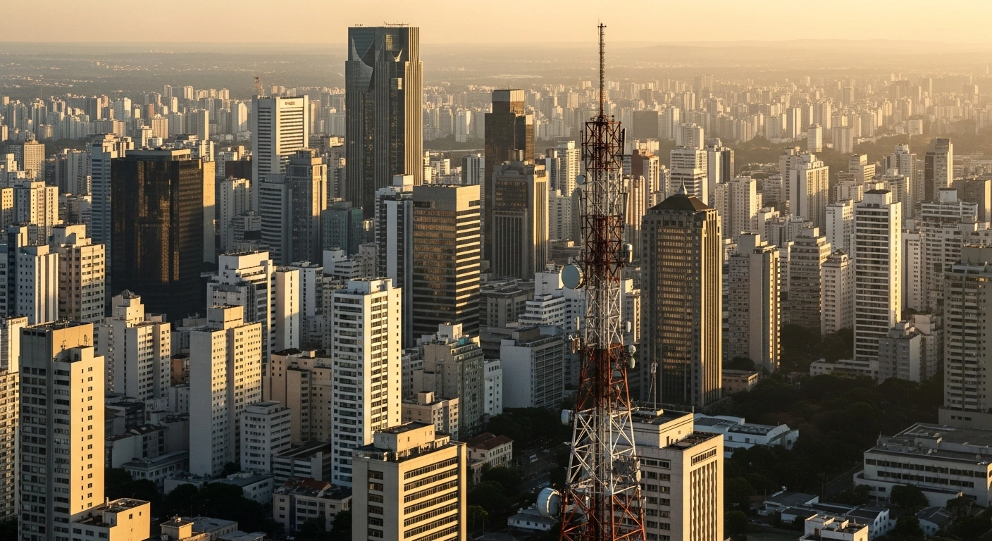 A wide-angle shot of a vibrant Brazilian metropolis at dawn, with golden light illuminating skyscrapers and a prominent telecom tower, symbolizing Brazil's bullish Ibovespa, Oi's suspended bankruptcy, and BNDES's expanding loan portfolio.