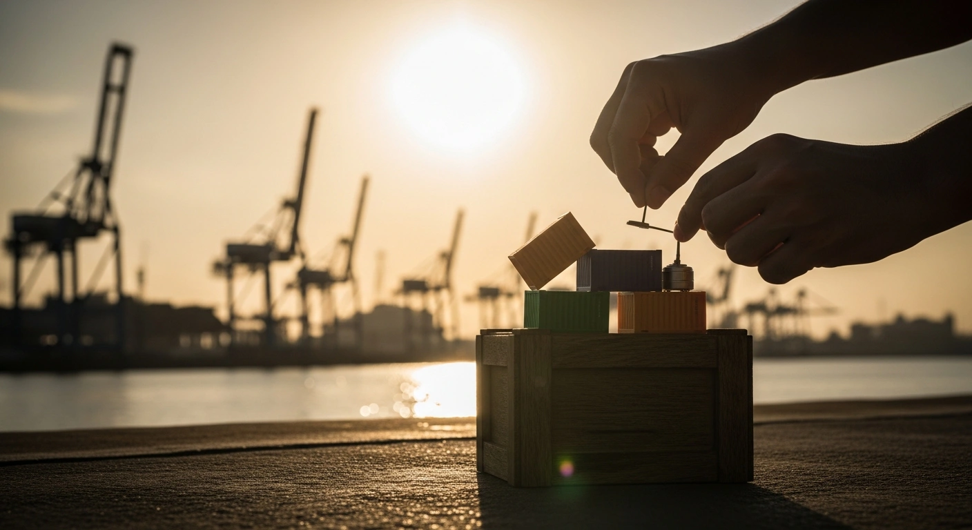 A cinematic scene depicts a Brazilian port at golden hour, with symbolic cargo containers representing key exports like steel, machinery, and food products, balanced precariously on a crate, as hands delicately adjust a lever, symbolizing Brazil's diplomatic efforts to freeze elevated U.S. import duties and stabilize crucial supply chains.
