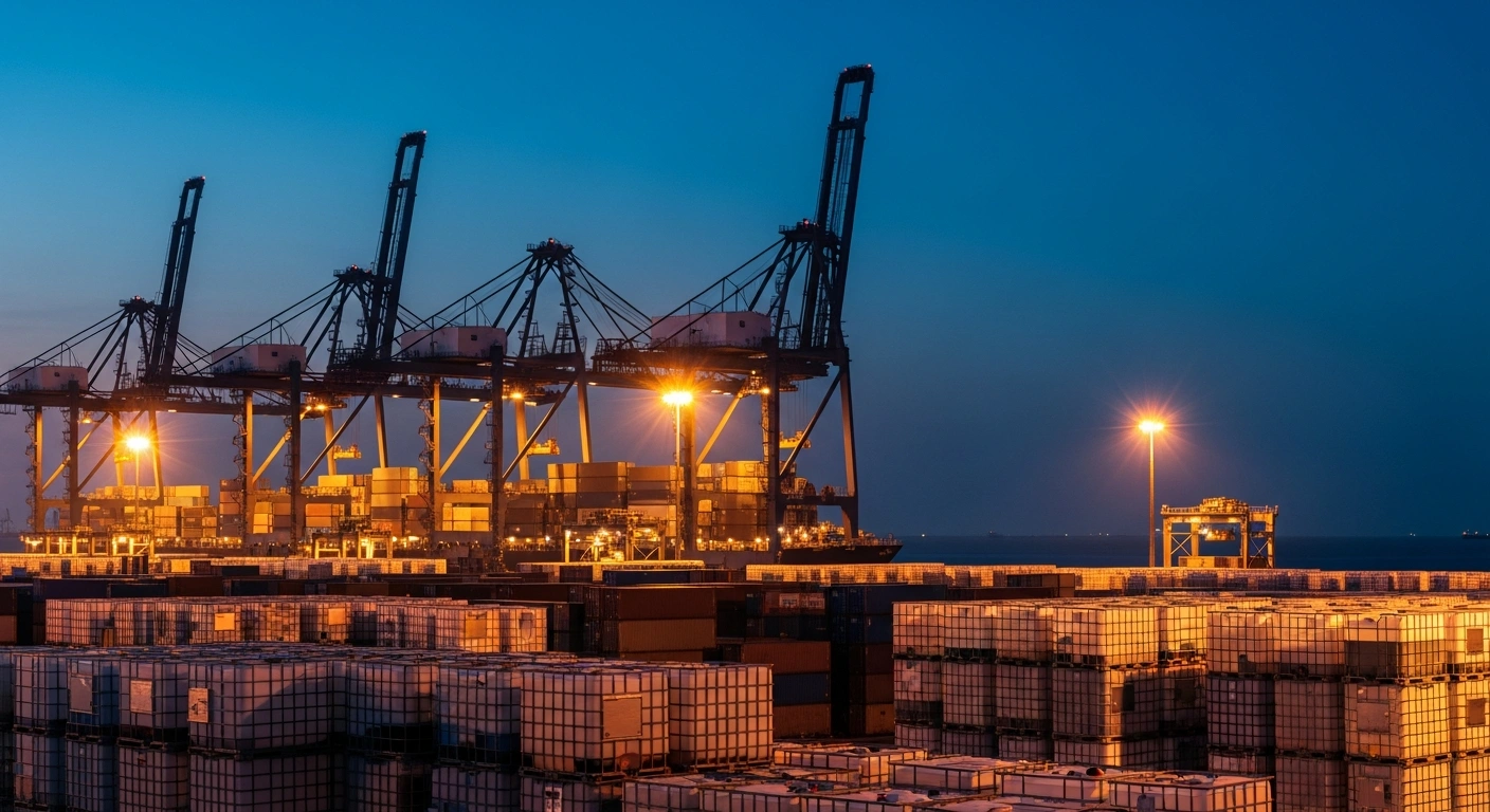 Industrial shipping containers filled with polyethylene products sit at a Brazilian port following the government's imposition of new antidumping duties.