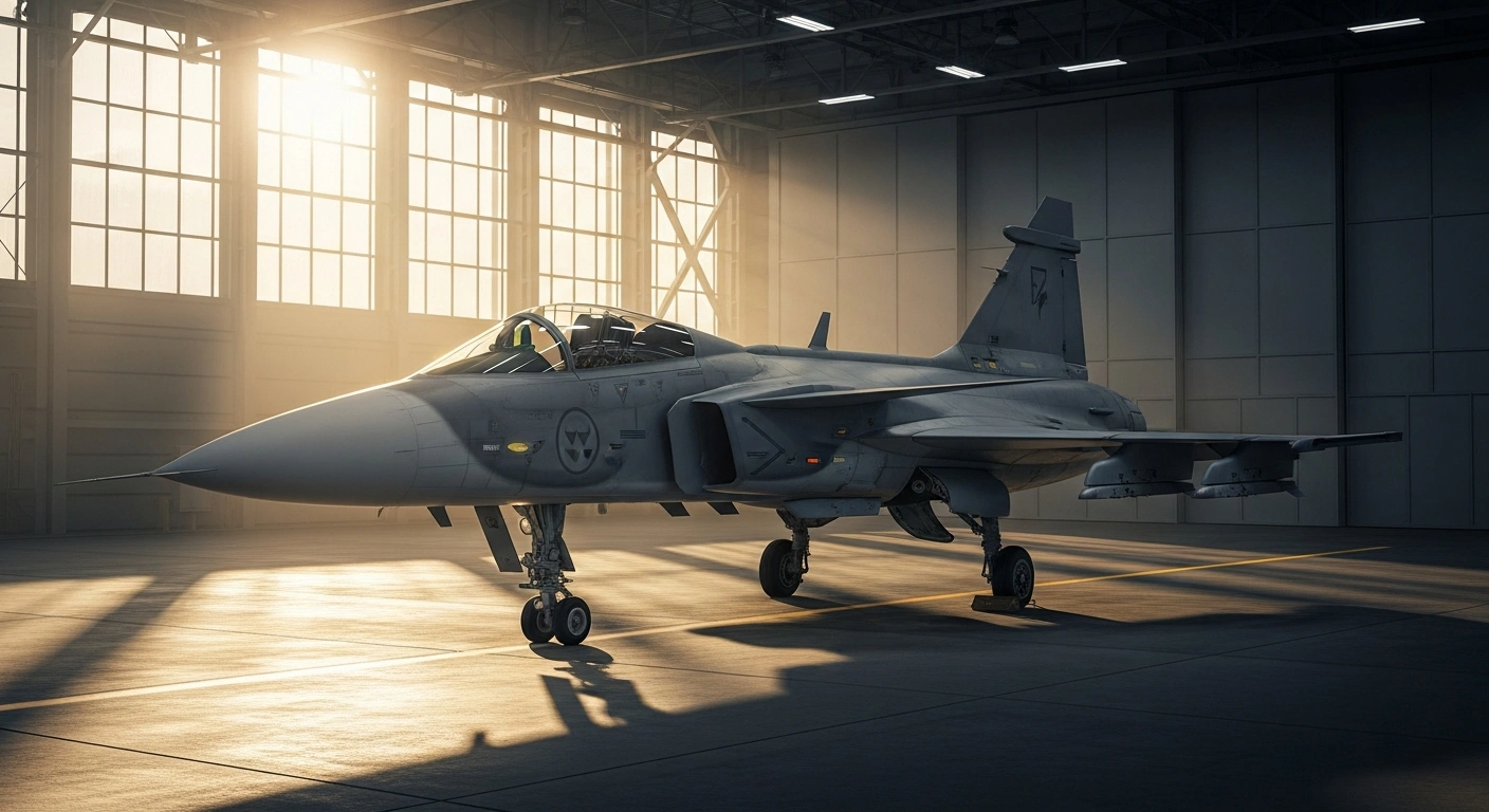 The first Brazilian-produced F-39 Gripen fighter jet sits on the tarmac at the Embraer facility in Gavião Peixoto during its official inauguration ceremony.