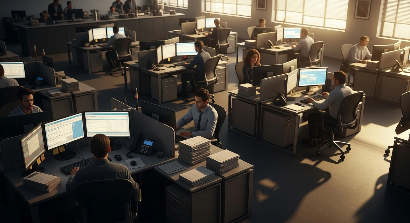A busy office environment in Brazil where taxpayers are preparing their income tax declarations before the upcoming deadline.