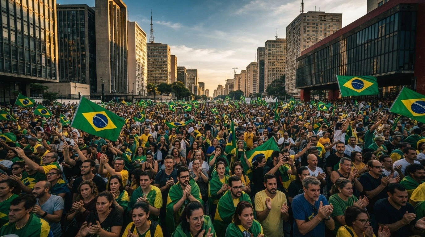 Thousands of demonstrators gather in a large Brazilian city square during an Independence Day rally to protest against the Supreme Court.