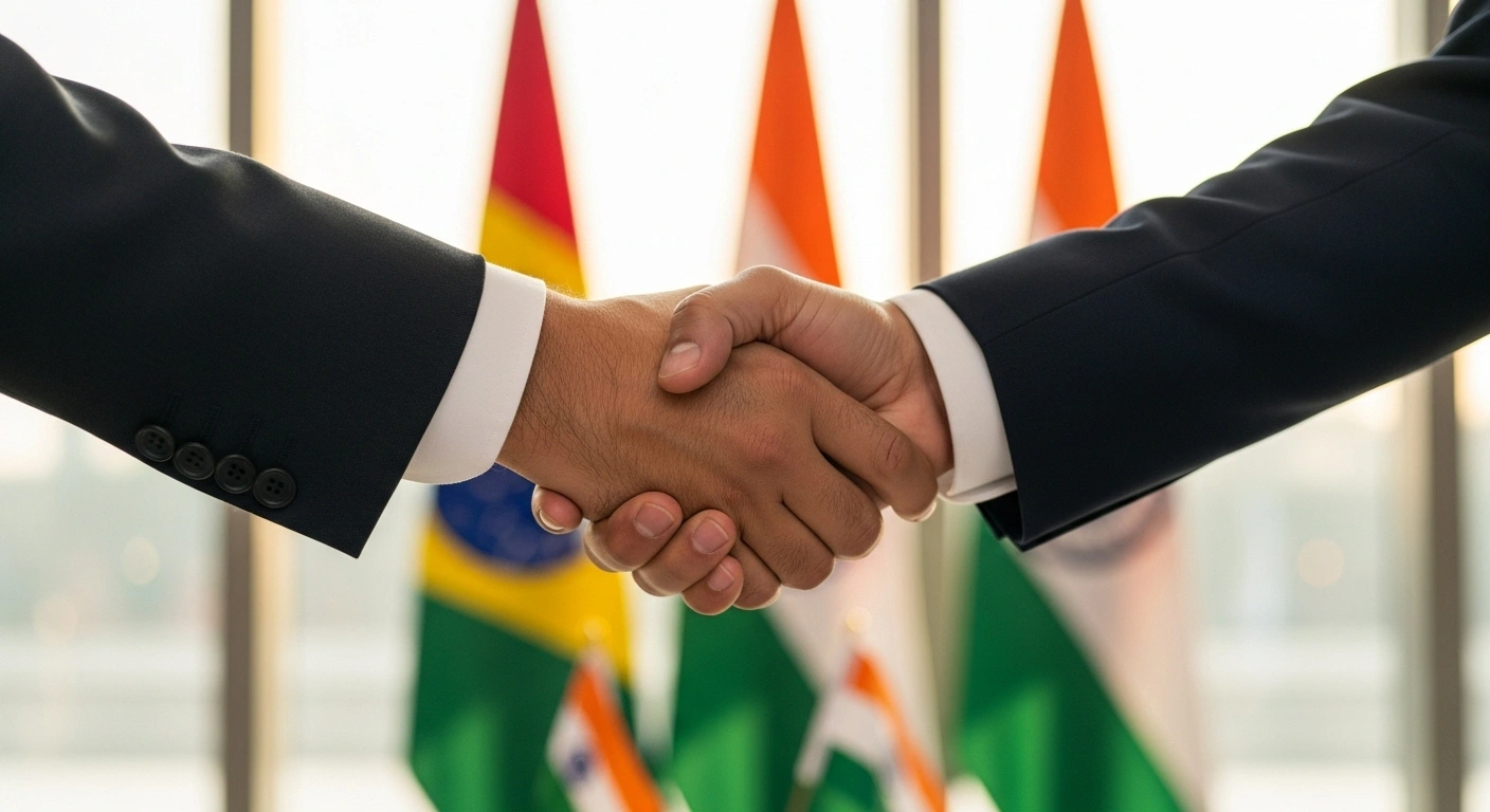Brazilian Vice President Geraldo Alckmin and an Indian dignitary are captured in a firm handshake, symbolizing the official visit to bolster defense, trade, and industrial cooperation between Brazil and India.