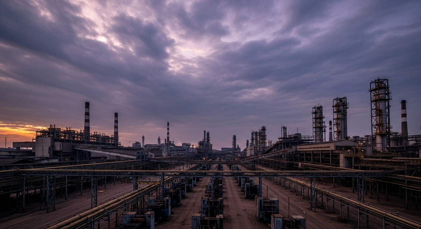 A wide, low-angle shot of a large, quiet Brazilian industrial complex at dawn, with dormant machinery and cold smokestacks, symbolizing a retreat in industrial output for the mining and manufacturing sectors.