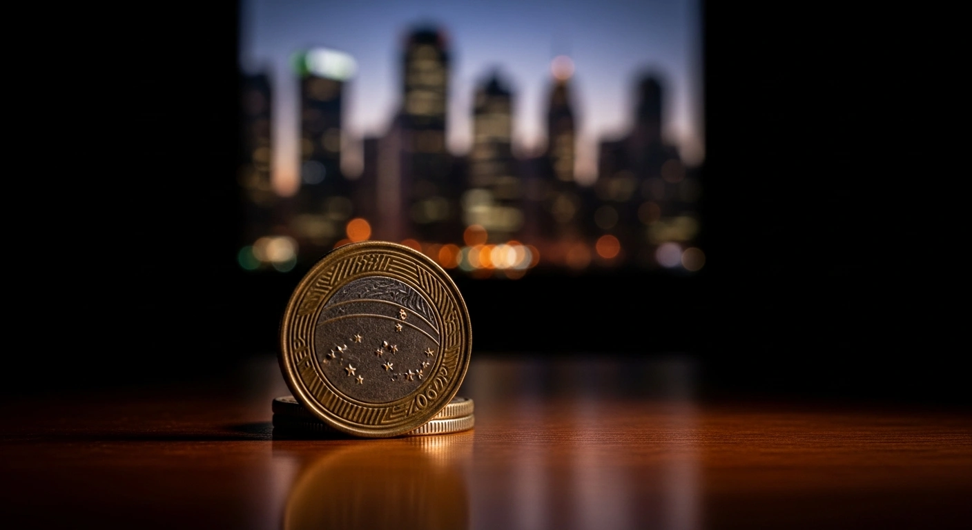 A close-up shot of a Brazilian coin on a desk represents the Brazilian government's upward revision of its 2026 inflation forecast.