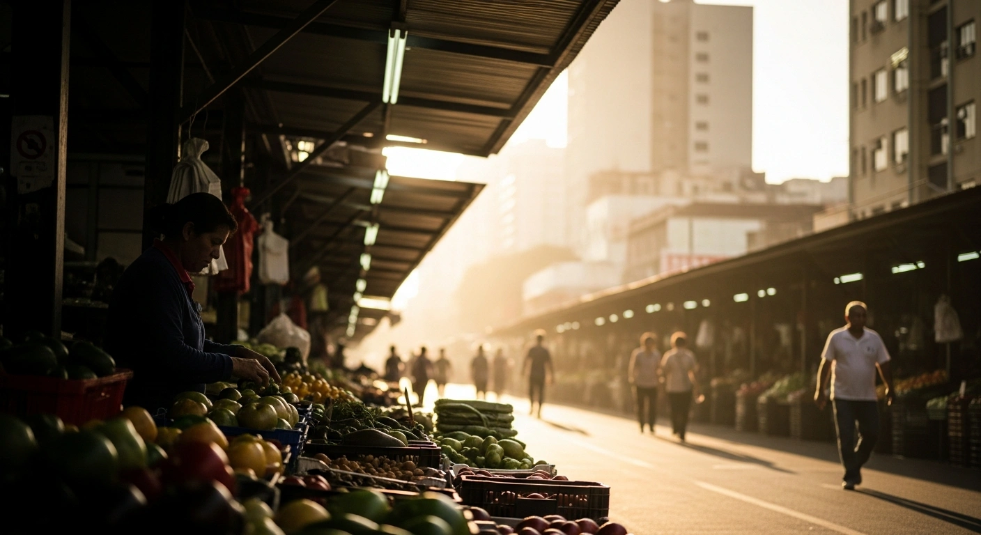 A merchant arranges fresh produce at a Brazilian market, representing the recent deceleration of Brazil's mid-month inflation index.