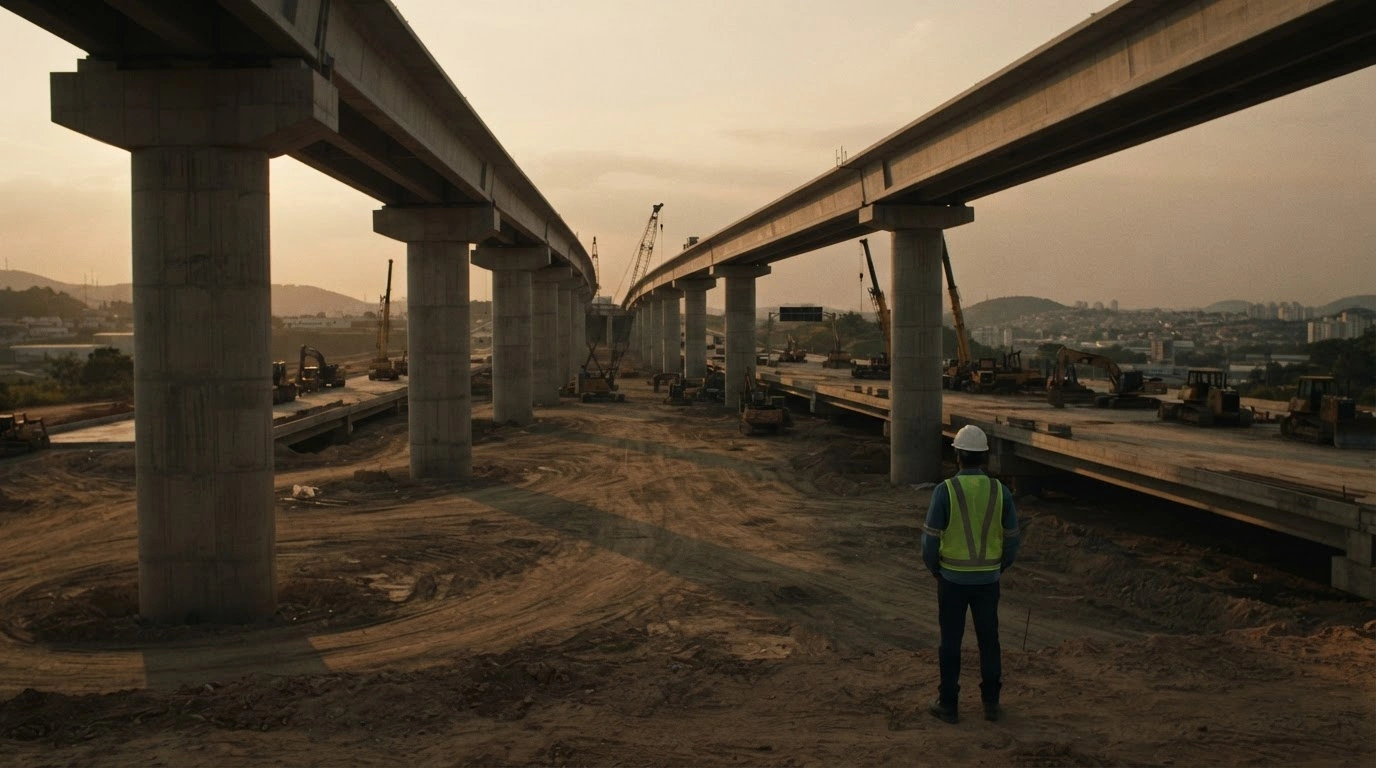 An engineer surveys a stalled Brazilian infrastructure construction site as concerns grow over the future of debentures incentivadas financing.