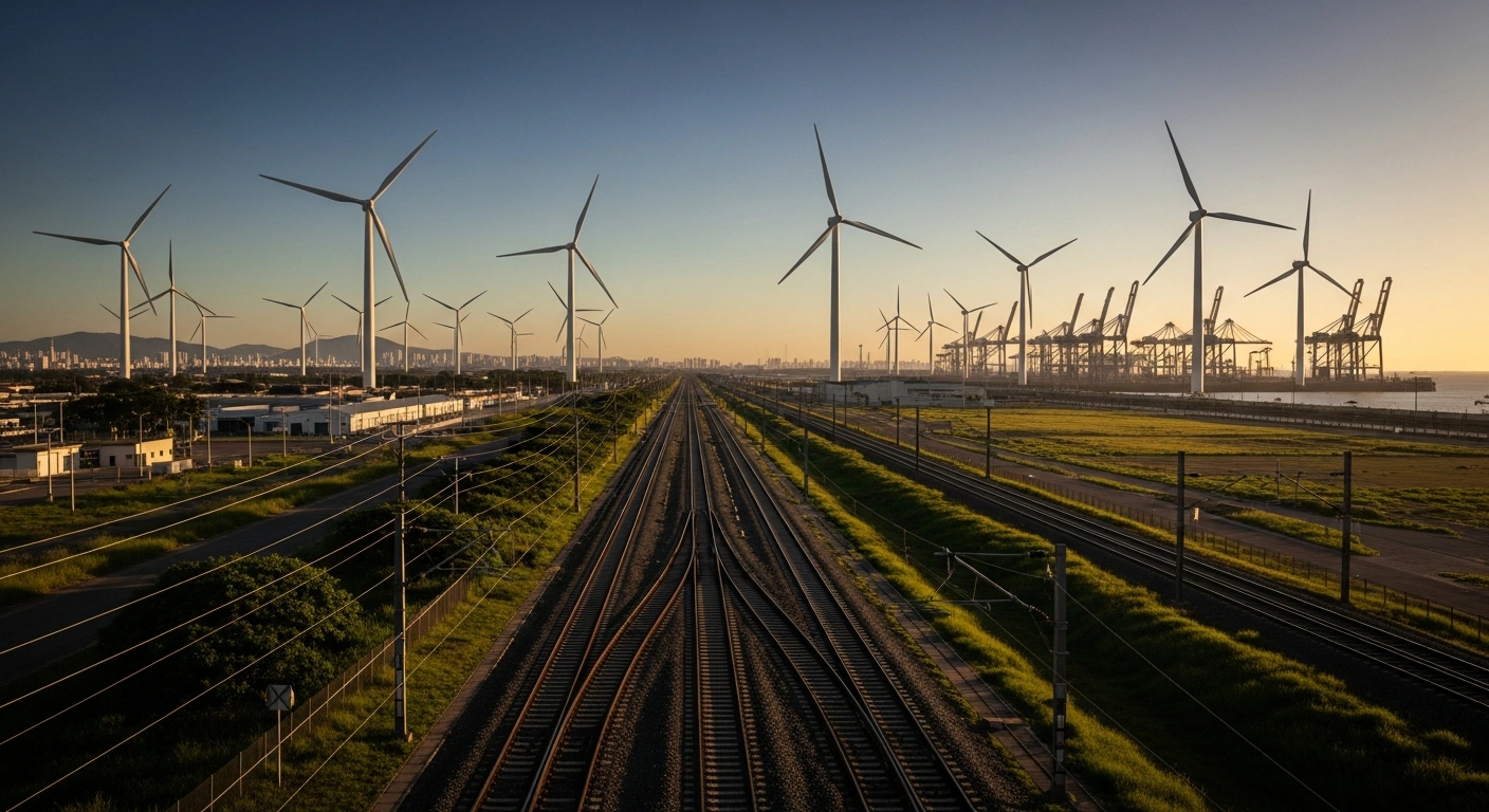 A wide-angle view of Brazil's infrastructure featuring a high-speed railway, wind turbines, and a port terminal representing the country's need for massive investment in transportation and energy sectors.