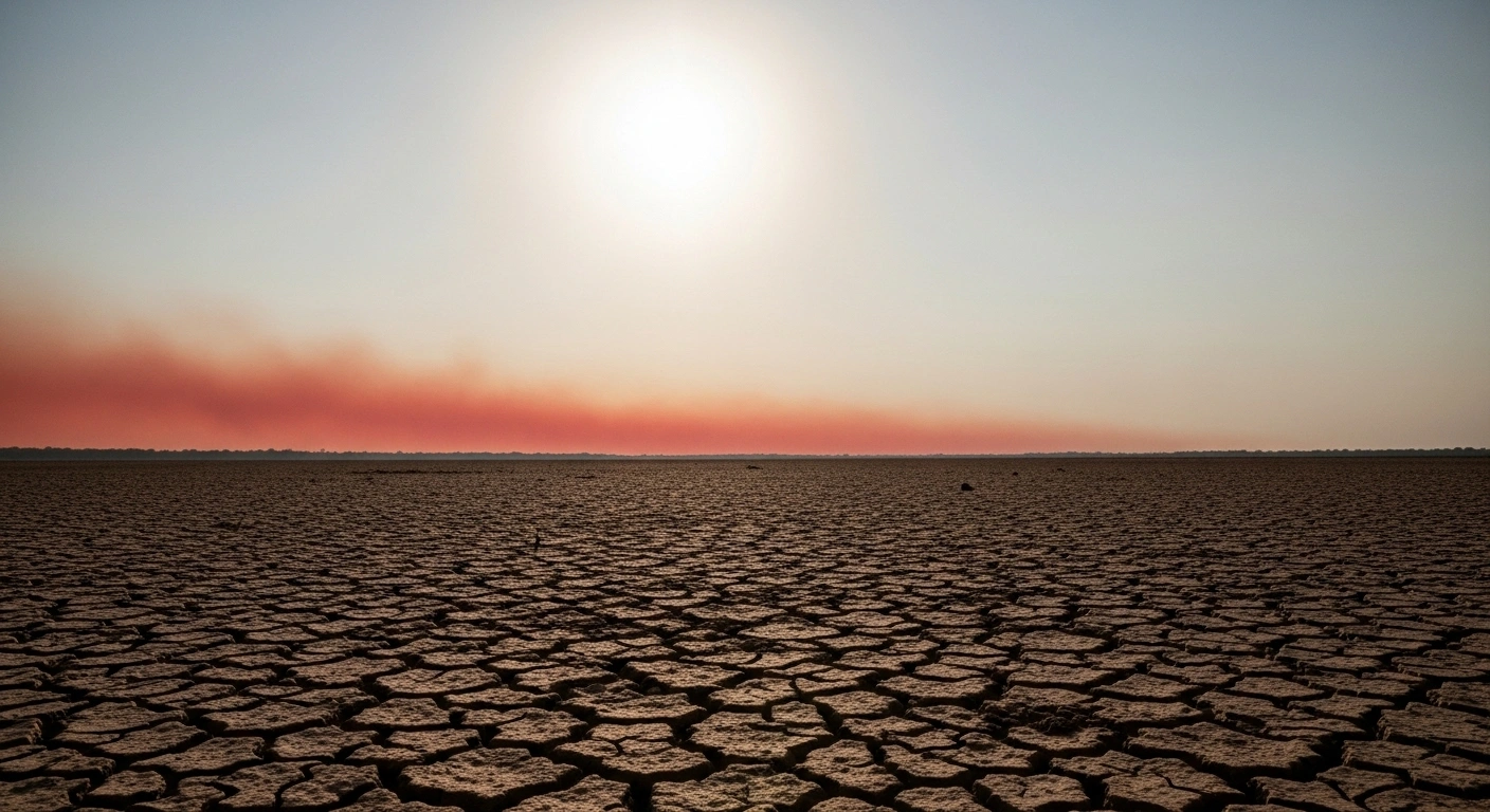 A low-angle view of severely cracked, dry earth under a blinding, oppressive sun in Central-South Brazil, with a distant reddish haze suggesting wildfires, symbolizing the intense heatwave exceeding 40°C and its public health concerns.