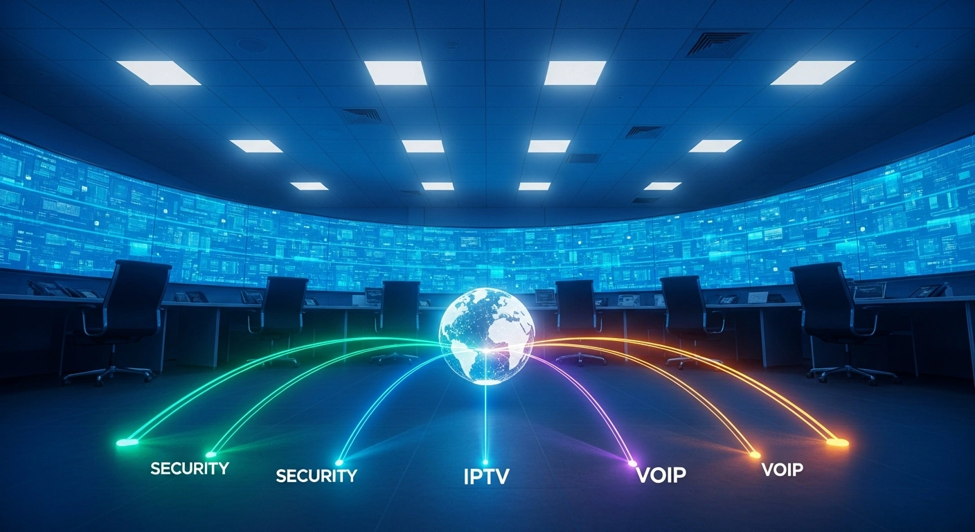 A wide, low-angle shot inside a modern network operations center shows a glowing holographic globe representing a stable internet service provider network in Brazil, with distinct streams of green, violet, and orange light symbolizing diversification into digital security, IPTV, and VoIP services.
