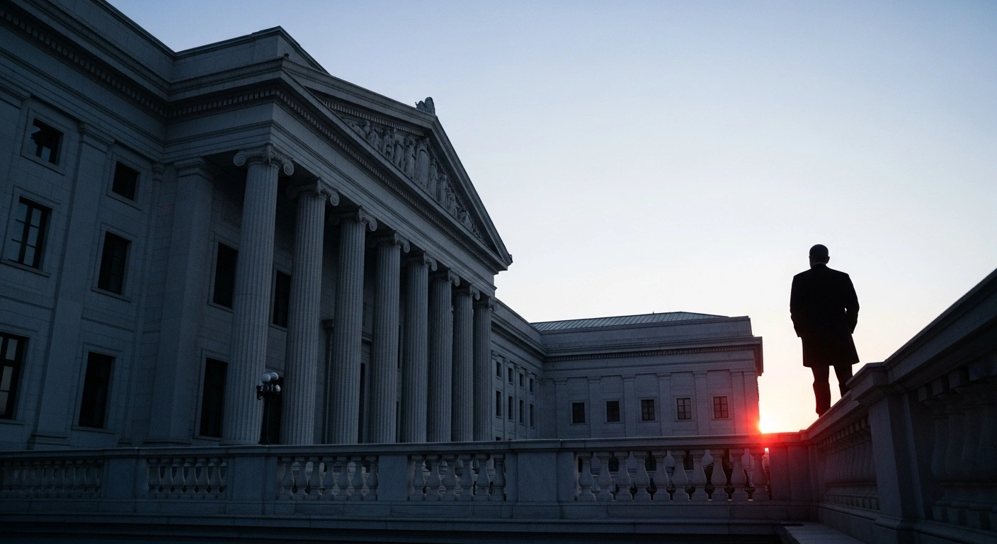 A grand, neoclassical judicial building is observed from afar by a silhouetted figure on a balcony under a pre-dawn sky, with a subtle red glow, representing the alleged coercion by Eduardo Bolsonaro and Paulo Figueiredo to influence Brazil's Supreme Federal Court through foreign sanctions from the United States.