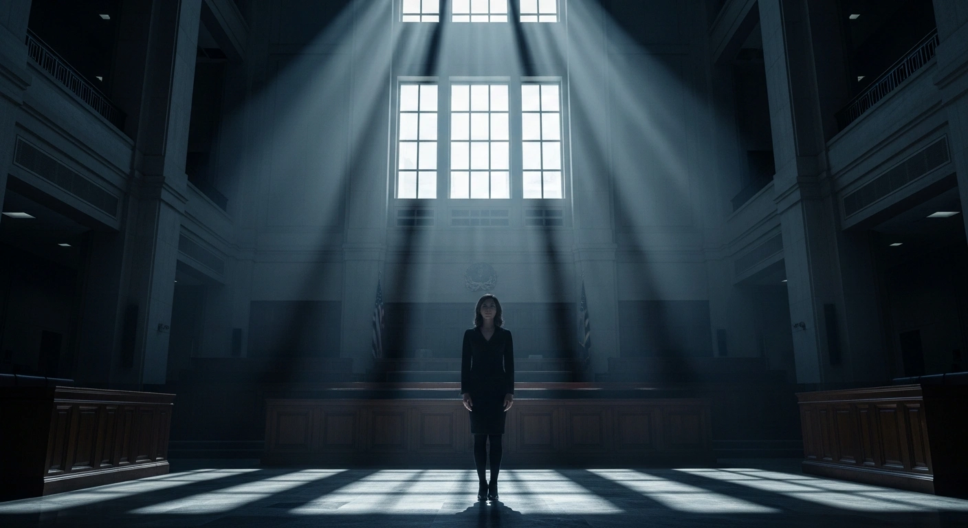 A woman stands alone in a dark, imposing courtroom in Brazil, representing the struggle for effective judicial protection against feminicide.