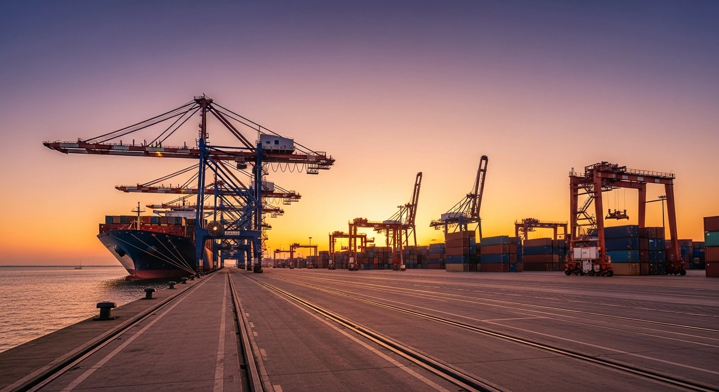A busy Brazilian shipping port at sunset illustrates the country's international trade performance and export activity for July 2026.