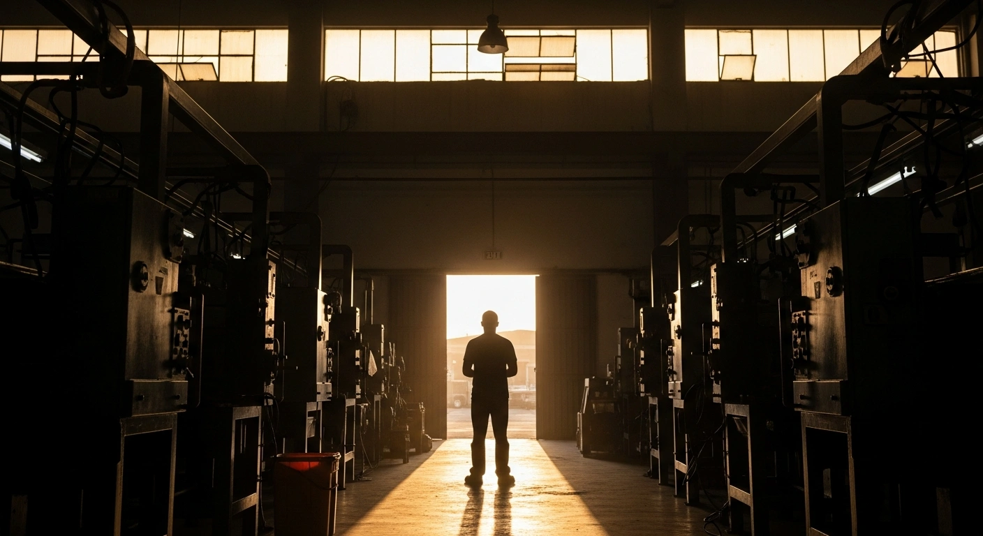 A weary Brazilian worker stands in a factory, representing the national movement to end the 6x1 work scale and improve labor conditions.