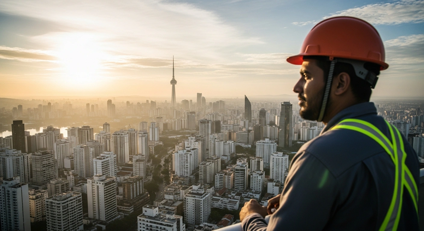 A construction worker, wearing a hard hat, stands on a high-rise balcony overlooking a modern Brazilian city skyline at dawn, bathed in warm golden light, symbolizing the hopeful impact of a new labor reform proposal to reduce work hours without salary cuts.