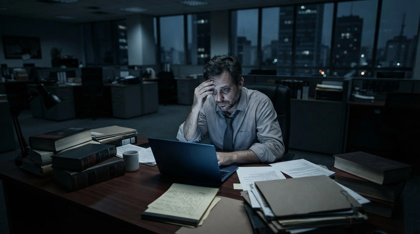 A tired lawyer sits alone at a desk surrounded by legal books in a dark office during a study on workplace burnout in Brazil.
