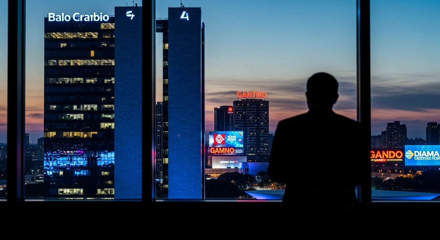 A silhouette of a Brazilian legislator looks out at a city skyline filled with bright digital betting advertisements as the government considers new regulations.