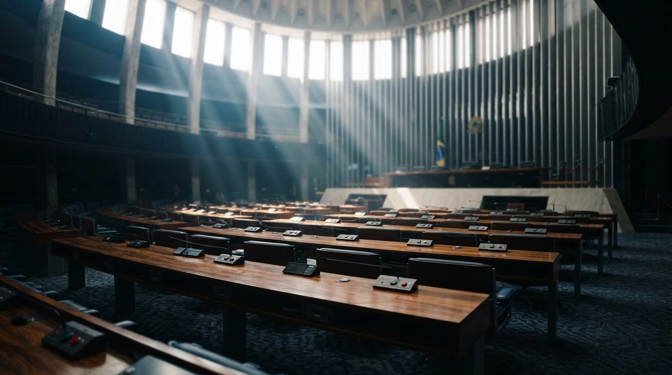 The interior of the Brazilian National Congress building shows rows of legislative desks representing the shift in power following the Liberal Party's success in the general elections.