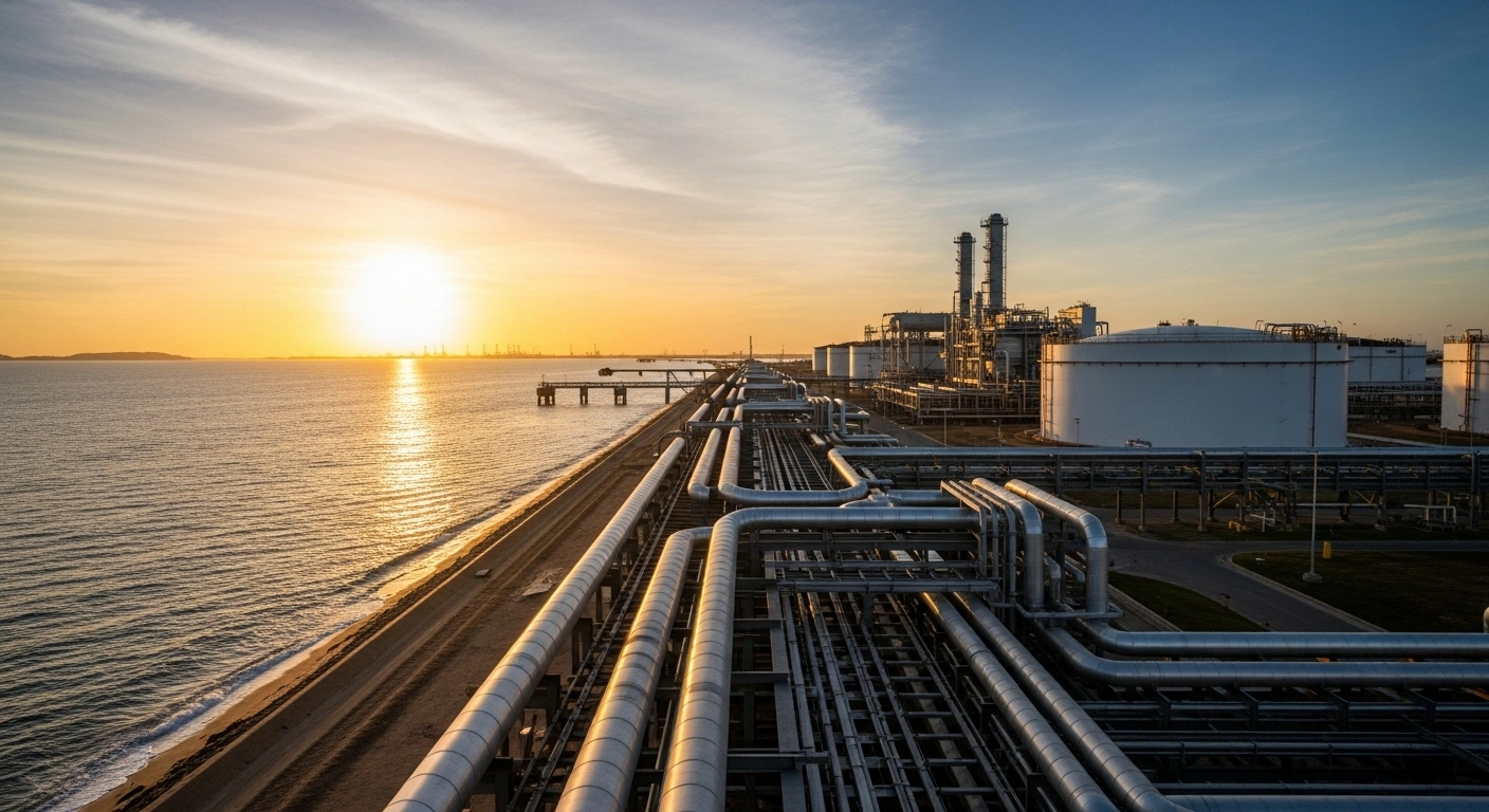 A wide, cinematic shot of a modern liquefied natural gas (LNG) regasification terminal on the Brazilian coast at sunset, featuring colossal storage tanks and intricate pipelines, representing Brazil's expanded import capacity and strategy to diversify its energy mix, enhance grid reliability, and reduce hydropower reliance during droughts.