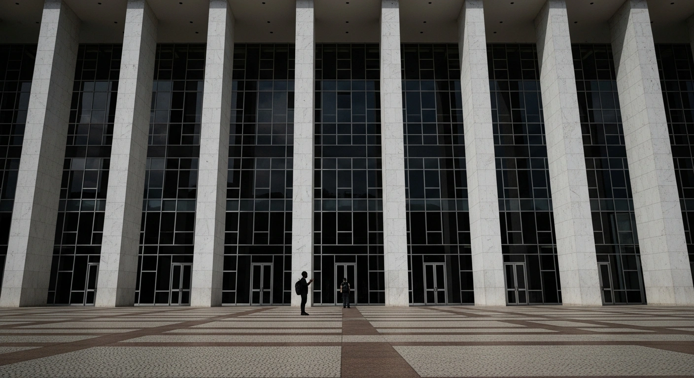 A low-angle photograph of the imposing facade of Brazil's Supreme Court building at dawn, with a lone figure silhouetted against its grand doors, symbolizing the high-profile trial of politicians and former police officials accused of the 2018 murders of Marielle Franco and Anderson Gomes.