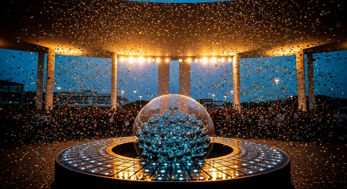 A celebratory scene marks the 30th anniversary of Brazil's Mega-Sena lottery with golden confetti falling over a lottery draw machine.