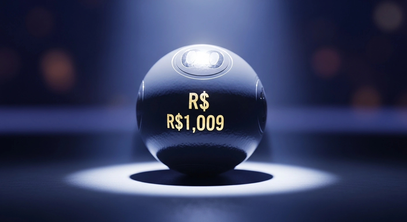 A single, perfectly spherical lottery ball gleams under a dramatic spotlight, its surface reflecting a golden light, symbolizing the R$1.09 billion record prize for Brazil's Mega da Virada lottery, which was postponed by Caixa Econômica Federal from December 31, 2025, to January 1, 2026.