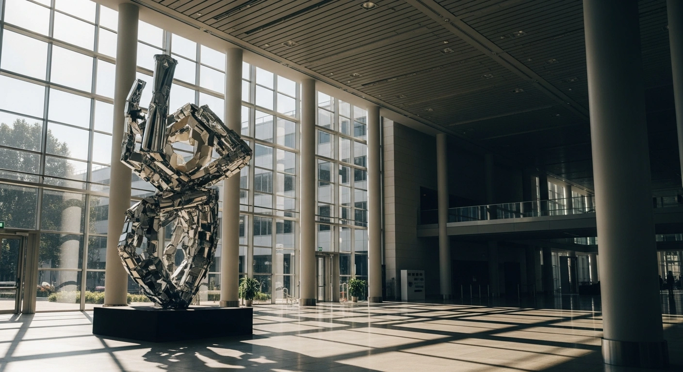 A wide, sunlit shot of a modern exhibition hall in Brazil, featuring a central artistic display of interconnected, stylized metal packaging forms, symbolizing innovation, sustainability, and business generation for an upcoming congress.