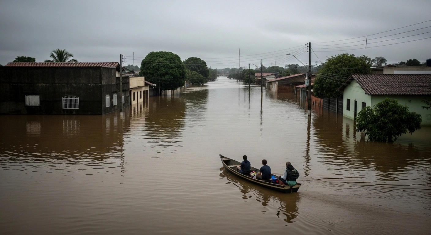 A wide shot depicts a severely flooded street in Formiga, Minas Gerais, Brazil, with murky brown water covering the lower parts of homes, reflecting an overcast sky, following heavy rainfall that displaced residents.