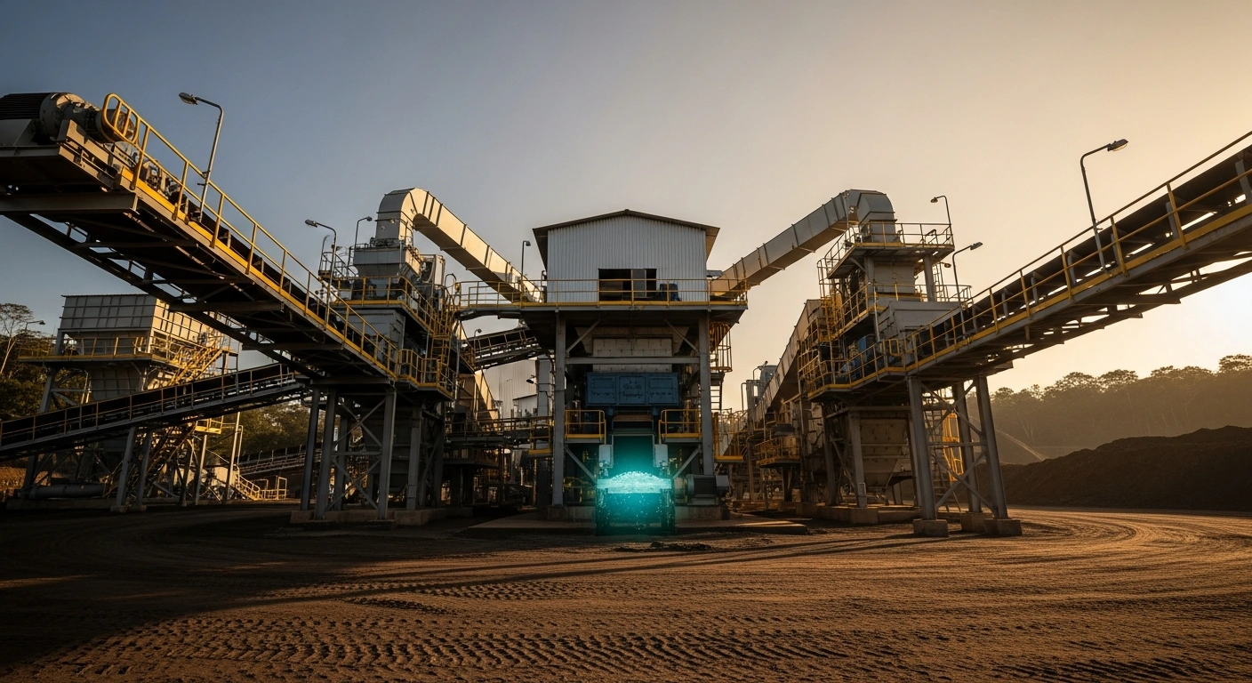 A photorealistic image depicts a modern mineral processing facility in Brazil, where large machinery refines strategic minerals like copper, cobalt, and lithium, illuminated by golden hour sunlight and a symbolic blue-green glow, representing the nation's role in the global energy transition.