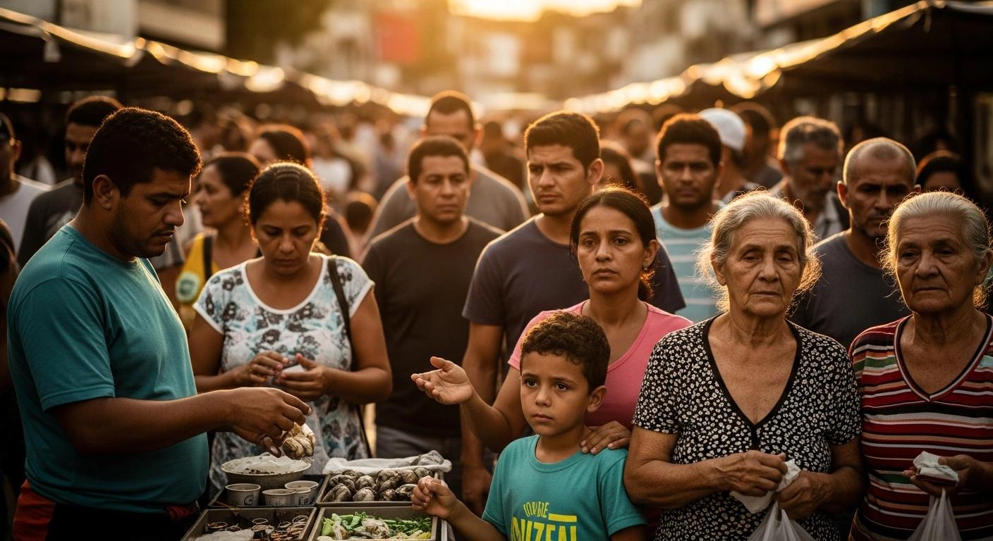 A diverse group of Brazilians, including a street vendor, a young family, and an elderly couple, are depicted in a bustling street market bathed in golden hour light, reflecting on the impact of Brazil's new minimum wage increase to BRL 1,621, which affects nearly 60 million citizens.