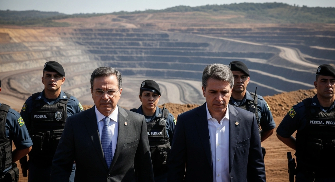 Brazilian Federal Police officers escort two men, representing the arrested Director of the National Mining Agency and a former federal police director, with a vast open-pit iron ore mine in Minas Gerais visible in the background, symbolizing the probe into alleged mining fraud, corruption, and environmental crimes involving R$1.5 billion in frozen assets.