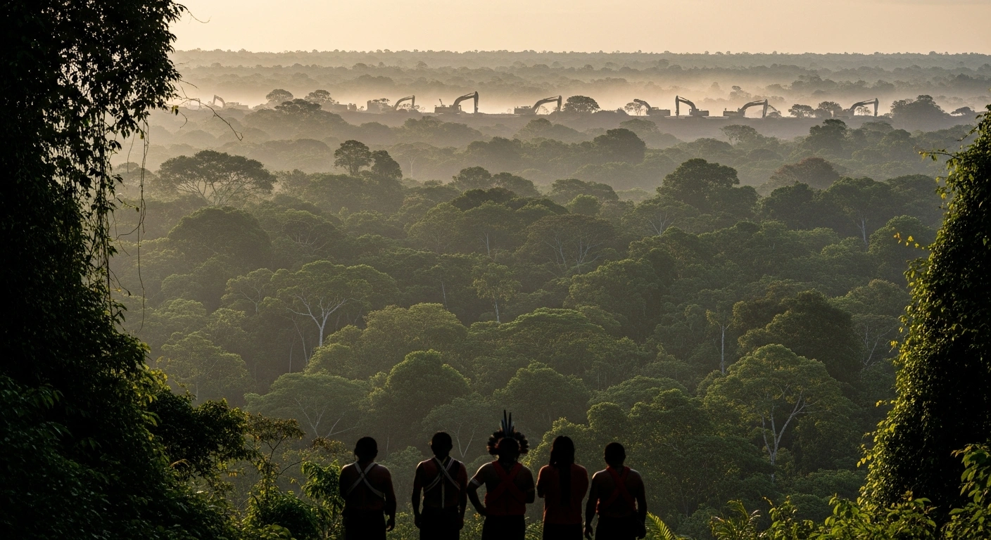 Indigenous leaders stand in the Amazon rainforest as industrial mining equipment encroaches on protected territory in Brazil.