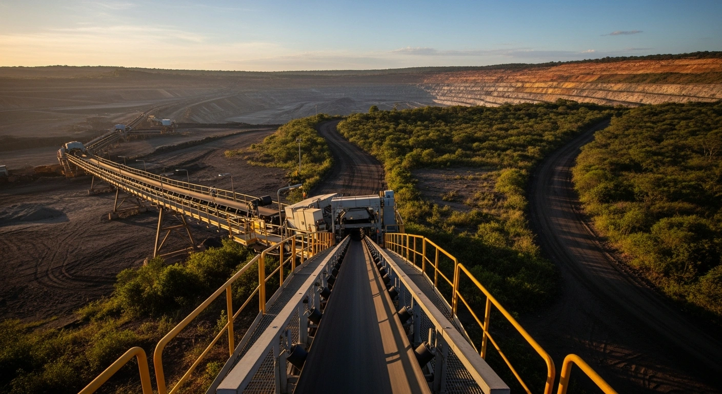 A vast Brazilian open-pit mine at golden hour, featuring a brightly lit, modern conveyor belt system representing streamlined processes, while a shadowed, overgrown path symbolizes the rejection of new state-owned mining companies and increased bureaucracy by Brazil's mining sector.
