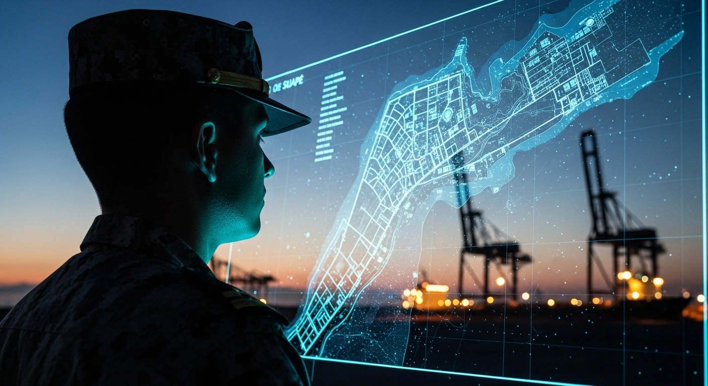A Brazilian Navy officer views a glowing, holographic electronic navigational chart (ENC) of the Port of Suape, representing Brazil's adoption of the advanced S-101 standard for modernized maritime navigation, safety, and data interoperability.