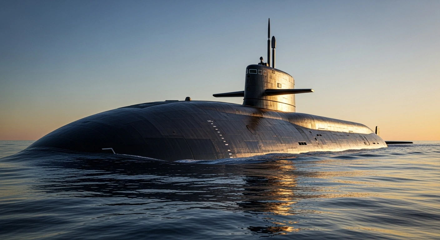 A sleek, dark grey conventional Brazilian Navy submarine, possibly the Almirante Karam S43, is captured at a low angle just above the waterline, slicing through calm pre-dawn ocean waters, symbolizing Brazil's advanced Submarine Development Program and bolstering naval capabilities.